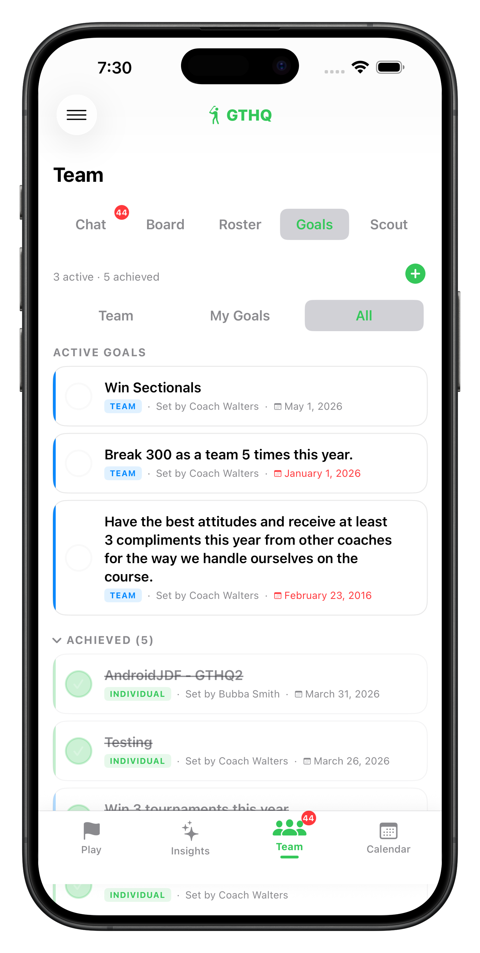 Team goals with active and achieved sections